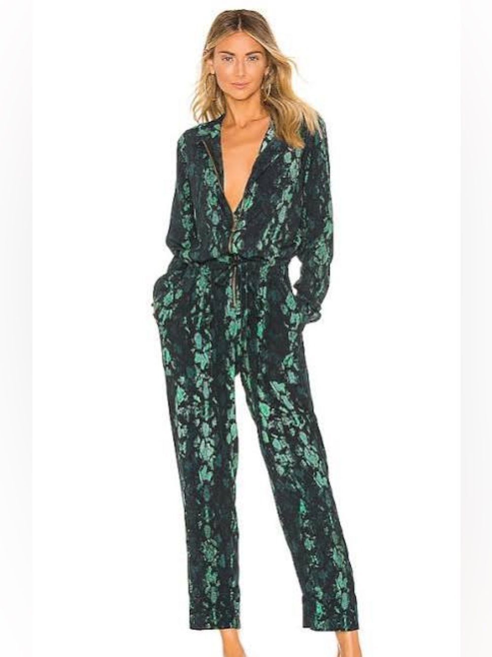 Cleobella Lia Zip Front Jumpsuit – Green & Black Snake Print M